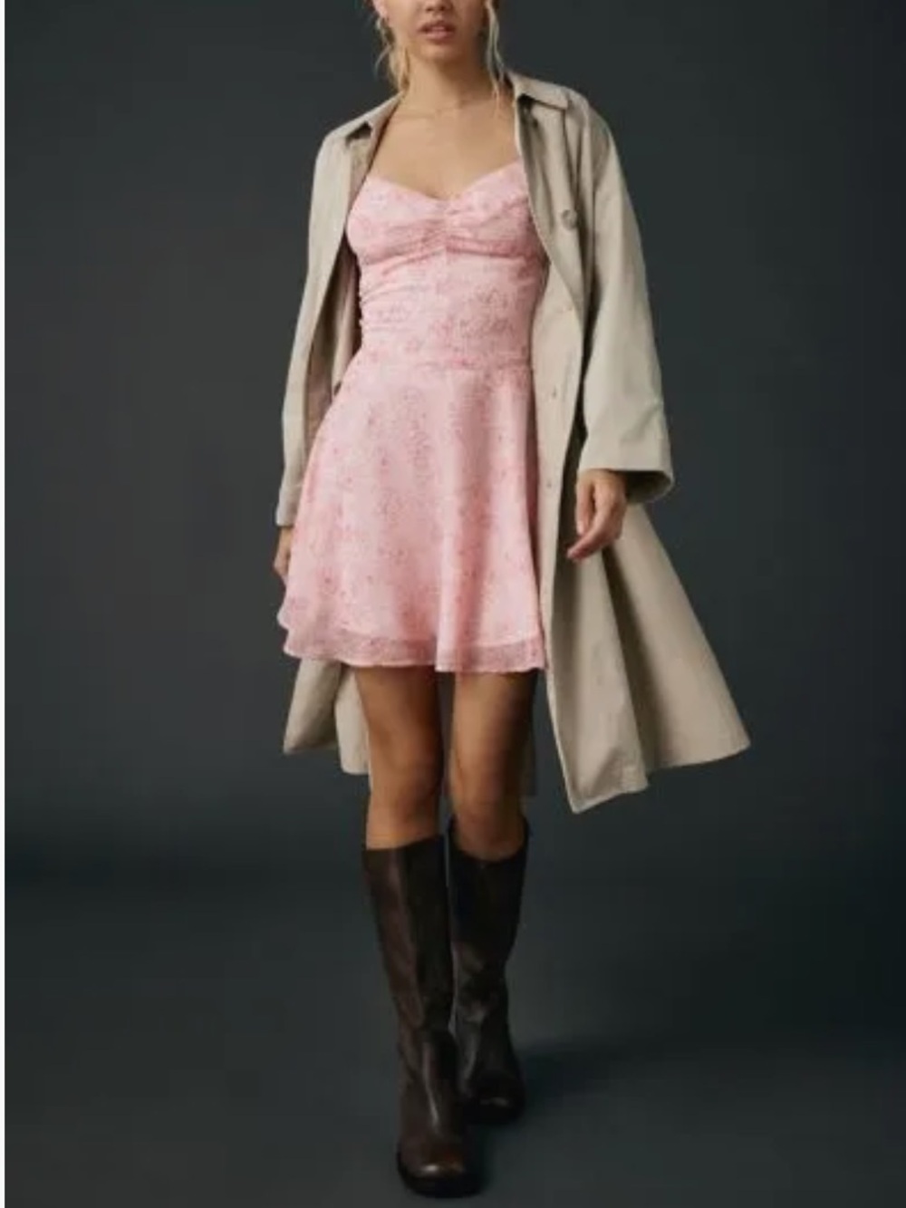 🟤NWT URBAN OUTFITTERS Chiffon Fit-And-Flare Mini Dress in Pink Floral MED